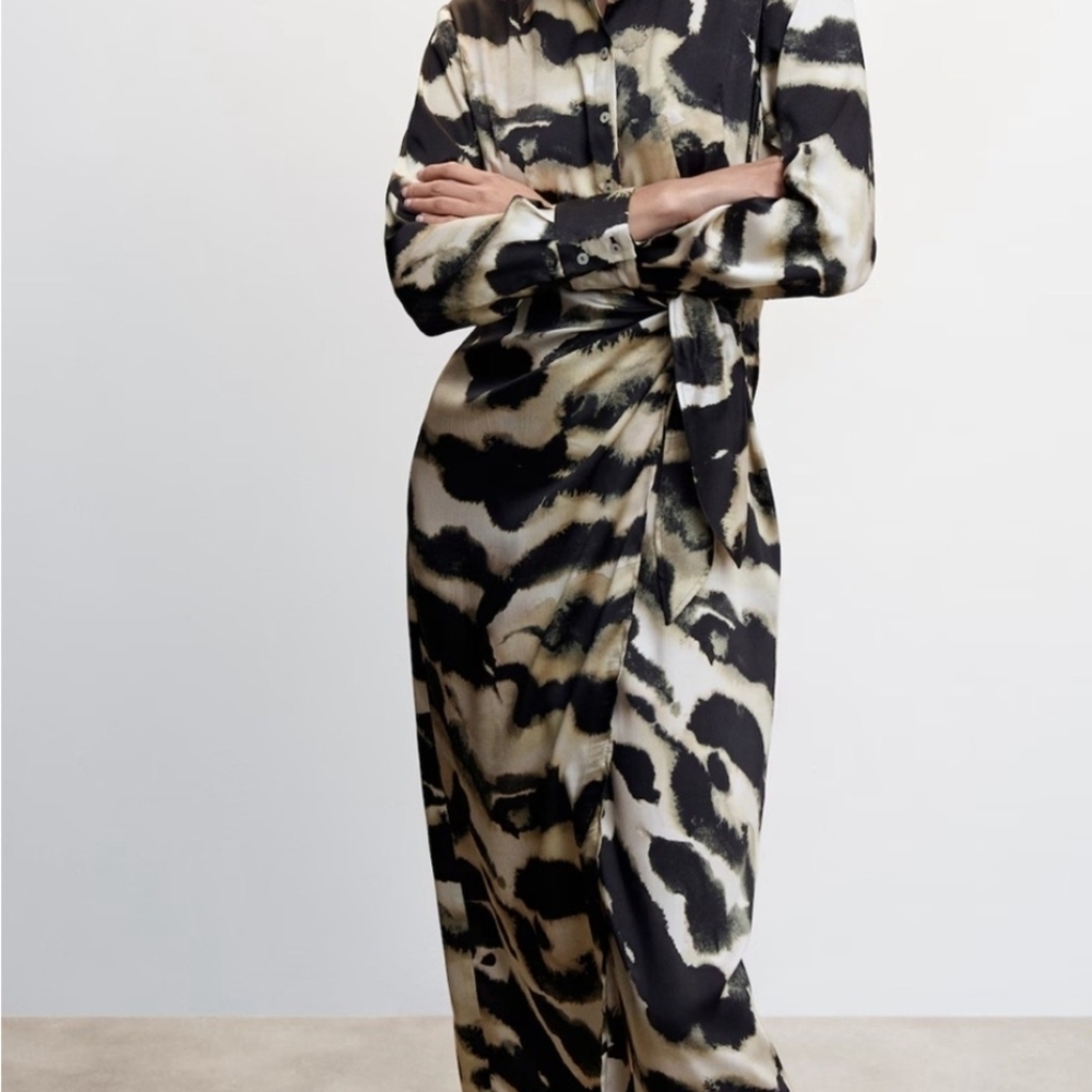 Mango Black and Cream Animal Print Dress Wrap Style Side Slit